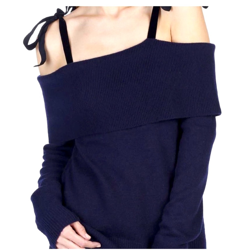 Paige Violette Merino Wool Off the Shoulder Sweater w/ Velvet Ties Size M Navy